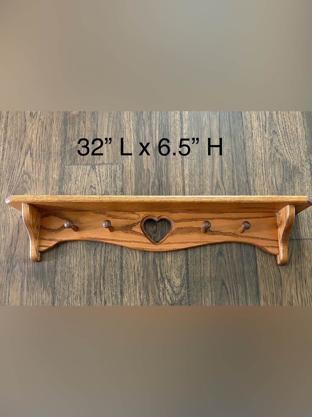 Solid Oak Wall 32” Shelf Heart Cutout 4 Peg plate notch Rustic Farmhouse Cottage